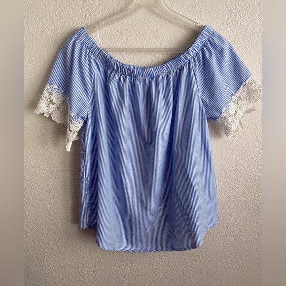 Kontrol Striped Blue & White Short Sleeve Lace Trim Off Shoulder Top L - Picture 2 of 8